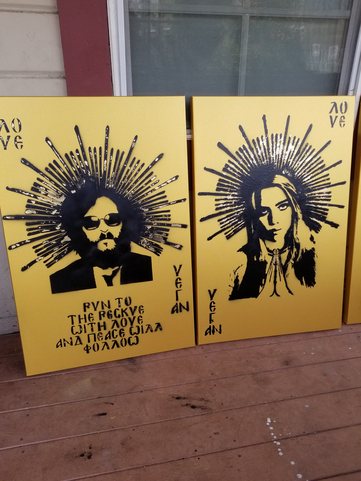 Golden Collection - 24x36 Original Artwork Vegan Love feat Joaquin Phoenix on Metallic Canvas with Golden Halo