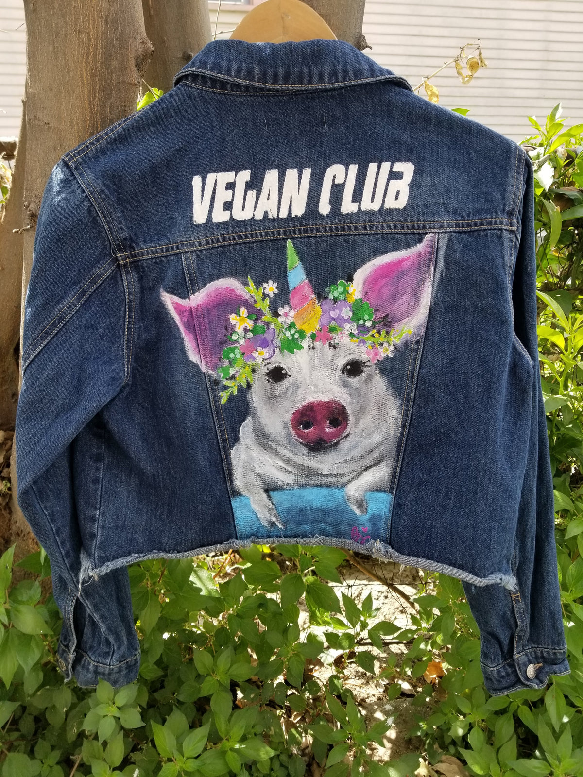 SOLD - One of a Kind Upcycled Brandi Jae Collab Jean Jacket feat a Happy Pig
