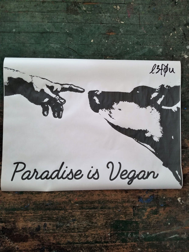 NewsPrint Poster Paradise is Vegan with Hand of God and Cow