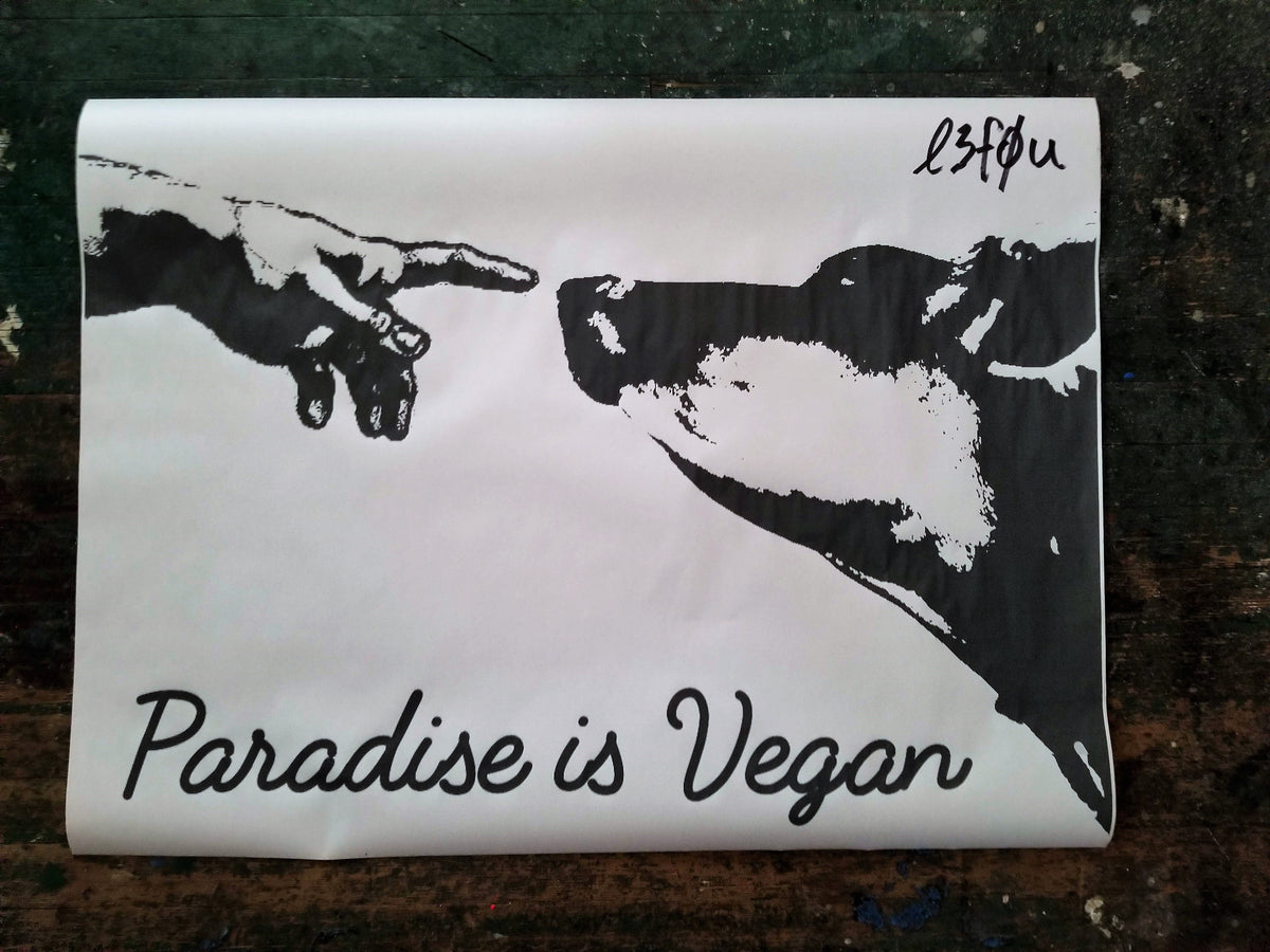 NewsPrint Poster Paradise is Vegan with Hand of God and Cow