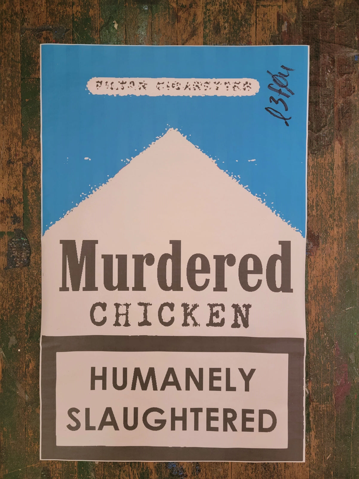 NewsPrint Poster Murdered Chicken, Humanely Slaughtered a la Marlboro in Blue