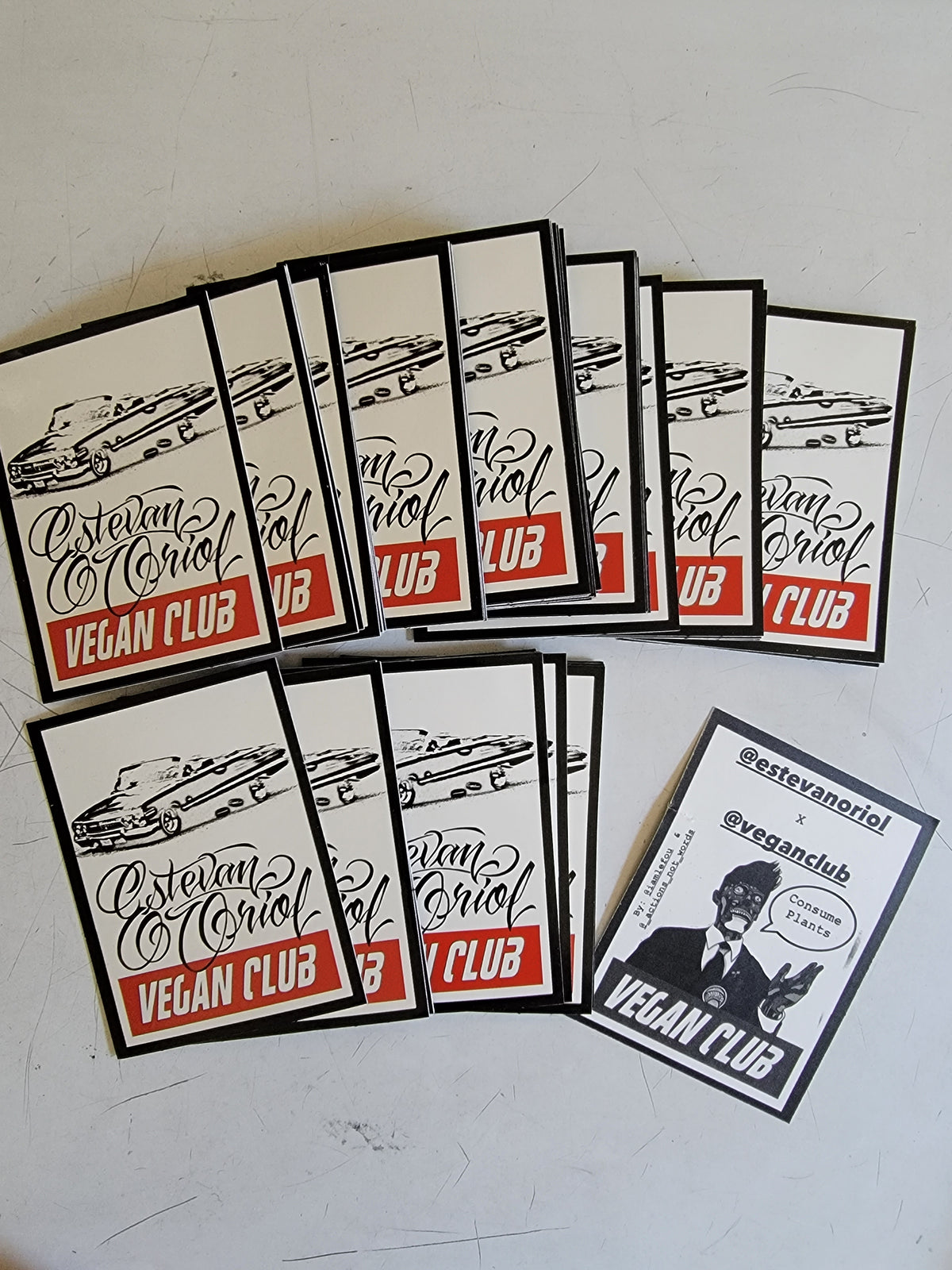 Ltd. Estevan Orial + Vegan Club stickers with art on back by @_actions_not_words