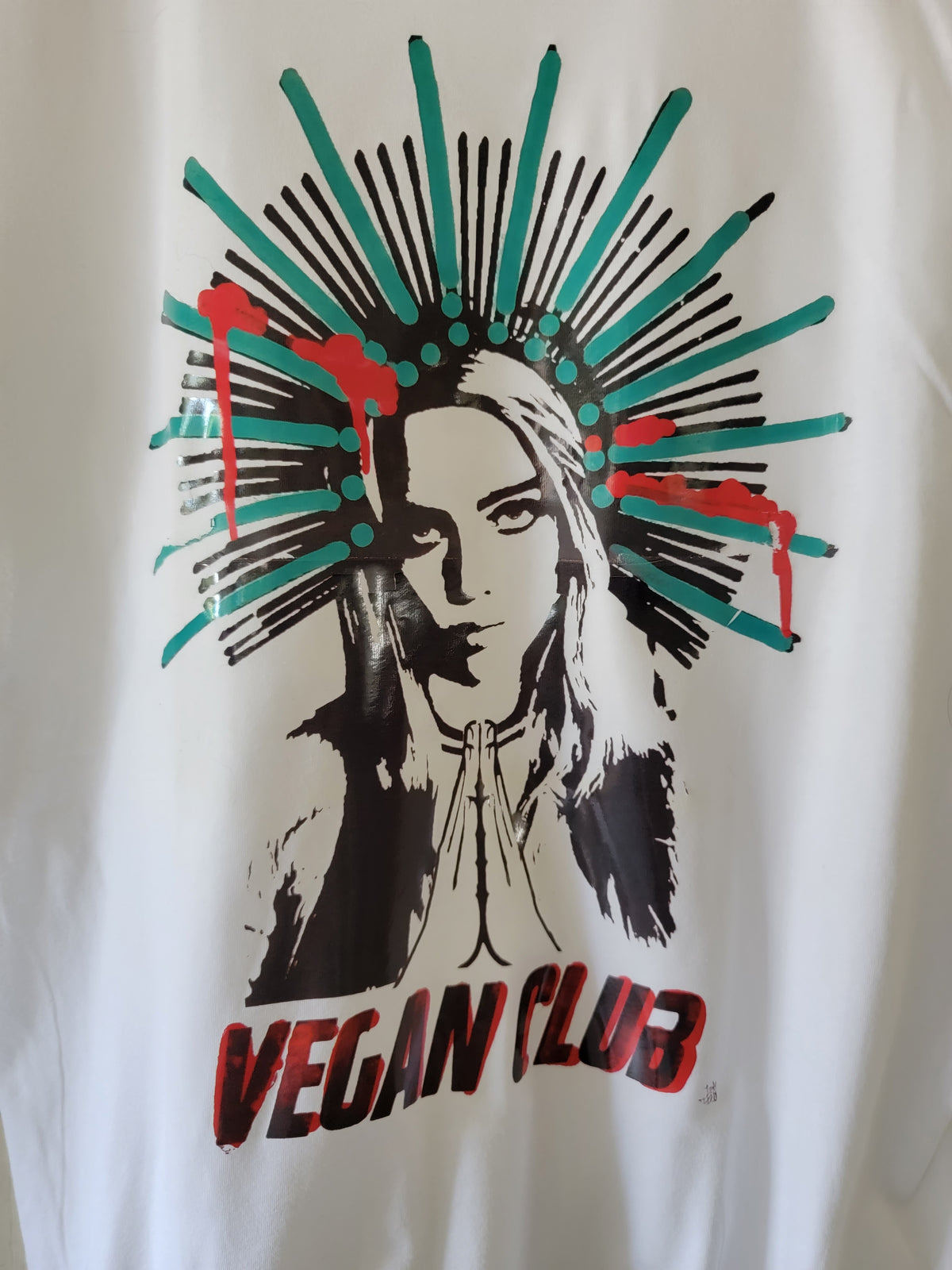 SOLD OUT - Billie Eilish Halo praying Vegan Club T-shirt with large full front design in color collab with @_ebik_fgs_fh_