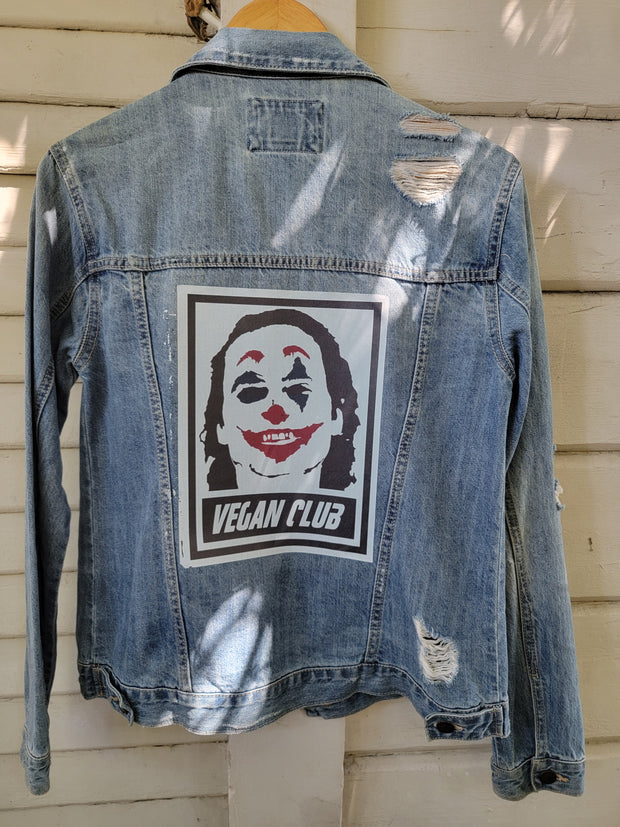 SOLD OUT - One of a Kind Upcycled Vegan Club Jean Jacket feat the Joker in color