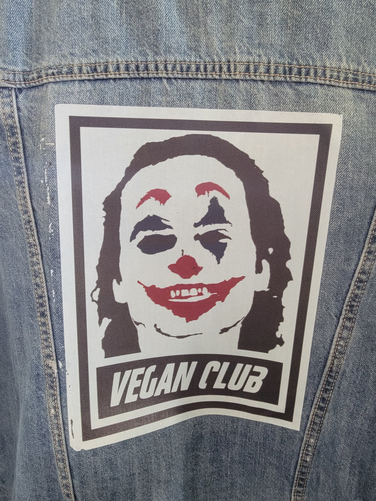 SOLD OUT - One of a Kind Upcycled Vegan Club Jean Jacket feat the Joker in color
