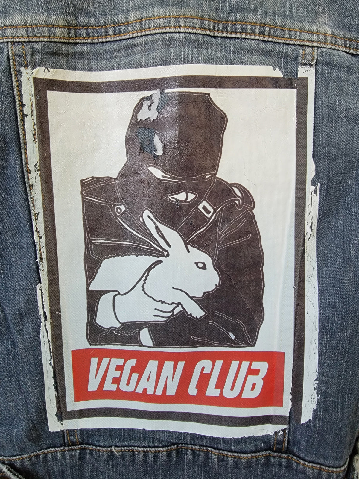 SOLD OUT - One of a Kind Upcycled Vegan Club Jean Jacket feat ALF saving a rabbit in color