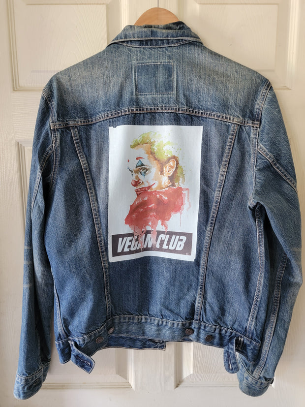 One of a Kind Upcycled Vegan Club Men's Jean Jacket feat Joker collab with Lindsay Lewis