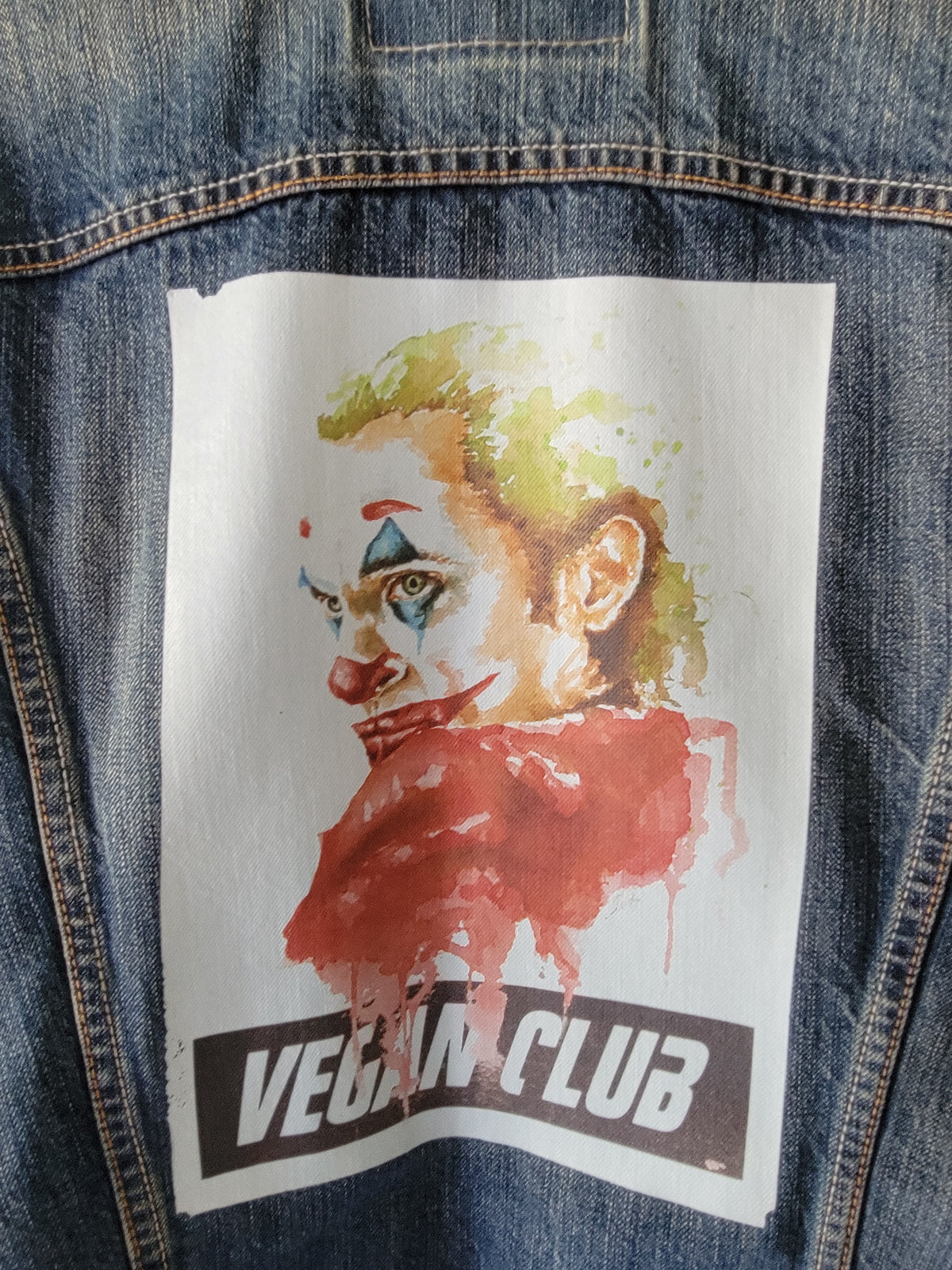 One of a Kind Upcycled Vegan Club Men's Jean Jacket feat Joker collab with Lindsay Lewis