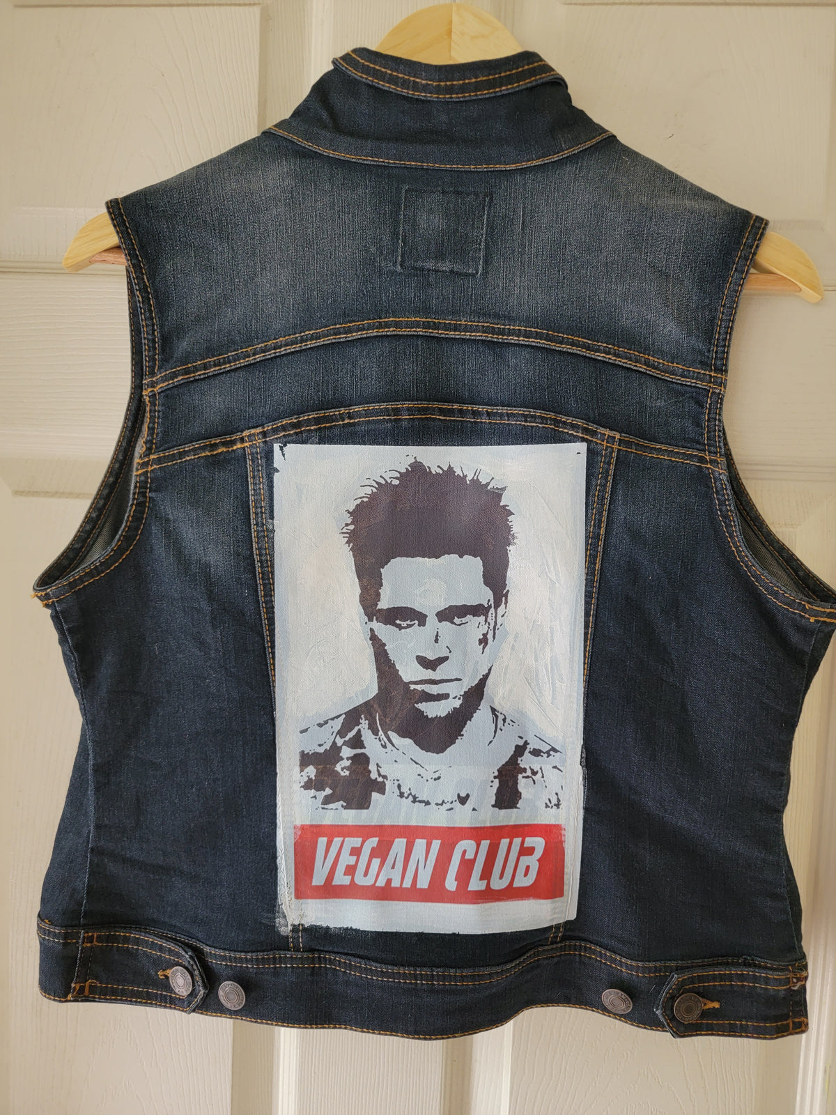 SOLD OUT - One of a Kind Upcycled Club No Sleeve Jean Jacket feat Brad Pitt in color