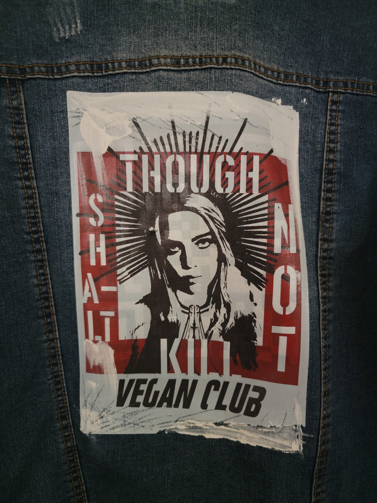 One of a Kind Upcycled Vegan Club Sleeveless Jean Jacket feat Billie Eilish Thou Shalt Not Kill