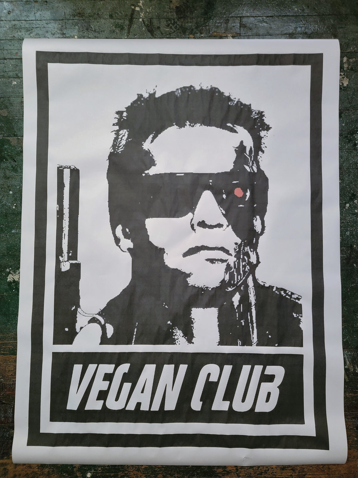 NewsPrint Poster Vegan Club feat. the Arnold Schwarzenegger in Terminator "Meat, you are terminated!"