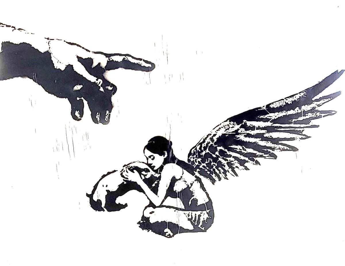 36x48 Original Artwork The Hand of God with an Angel Petting a Piglet