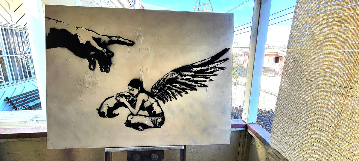 36x48 Original Artwork The Hand of God with an Angel Petting a Piglet
