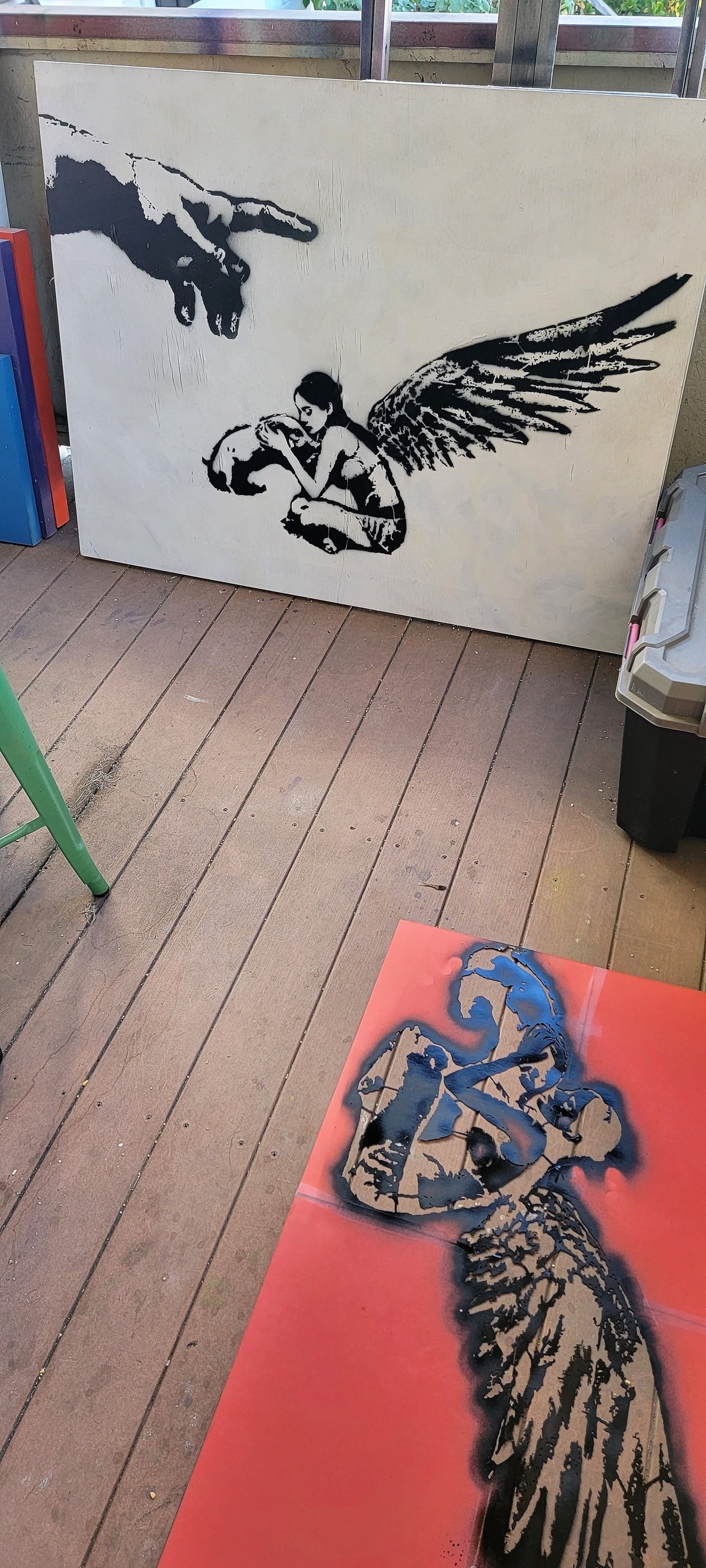 36x48 Original Artwork The Hand of God with an Angel Petting a Piglet
