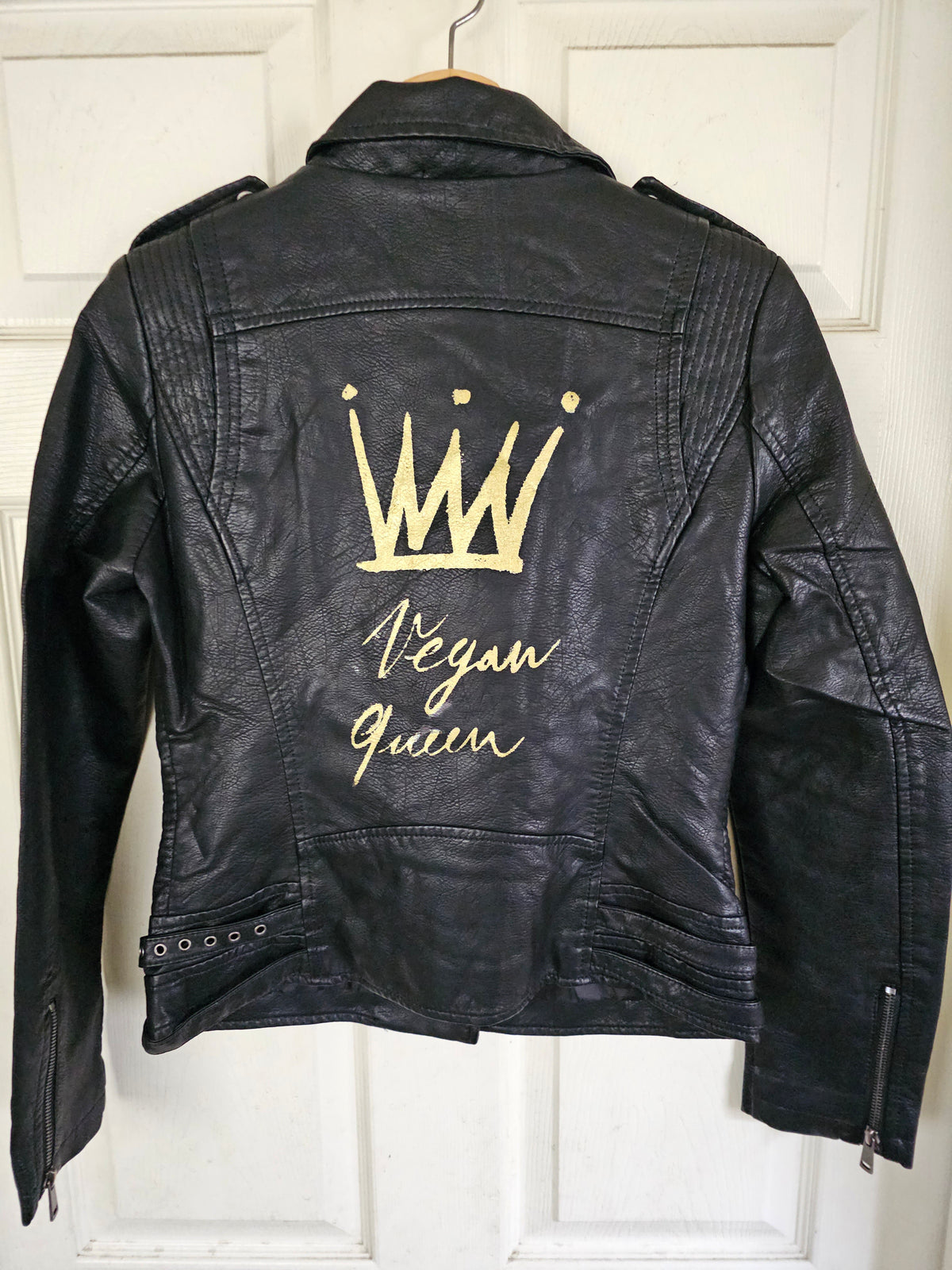 SOLD OUT - Black Faux Leather Jacket with Vegan Queen & Crown Logo a la Basquiat