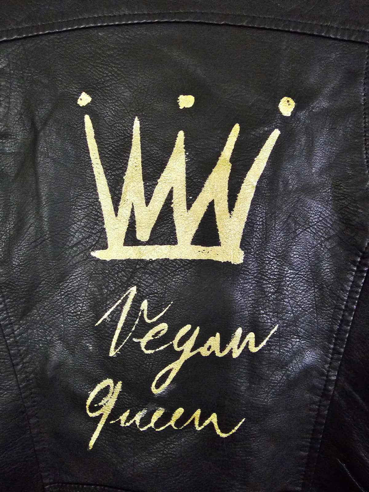 SOLD OUT - Black Faux Leather Jacket with Vegan Queen & Crown Logo a la Basquiat