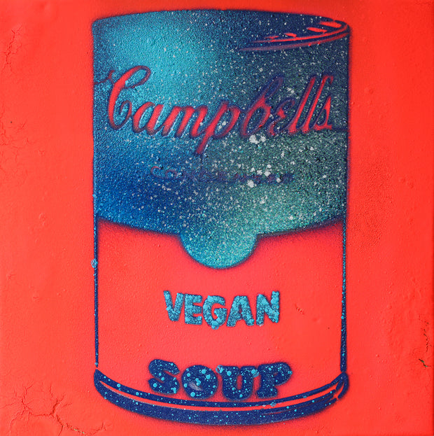 Vegan Soup Neon Coral & Aqua Graffiti on Wood and Resin 8x8