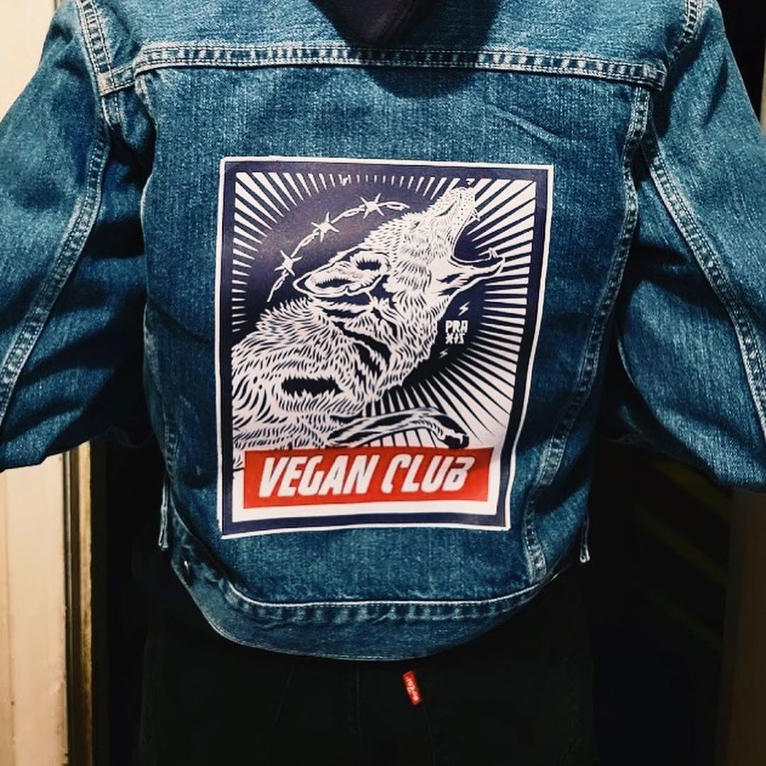 One of a Kind Upcycled Vegan Club Jean Jacket feat Wolf by Praxis in color
