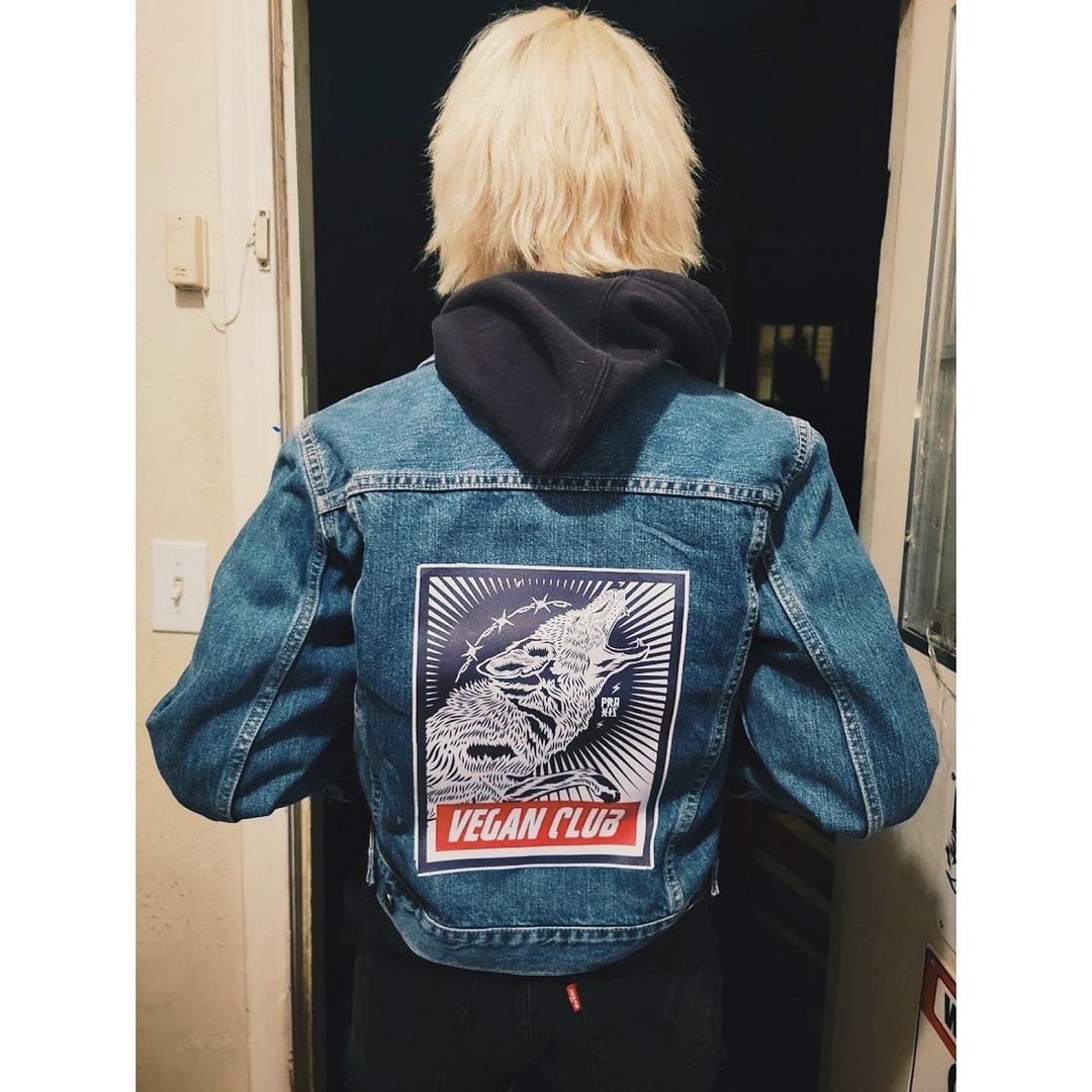 SOLD OUT - One of a Kind Upcycled Vegan Club Jean Jacket feat Wolf by Praxis in color