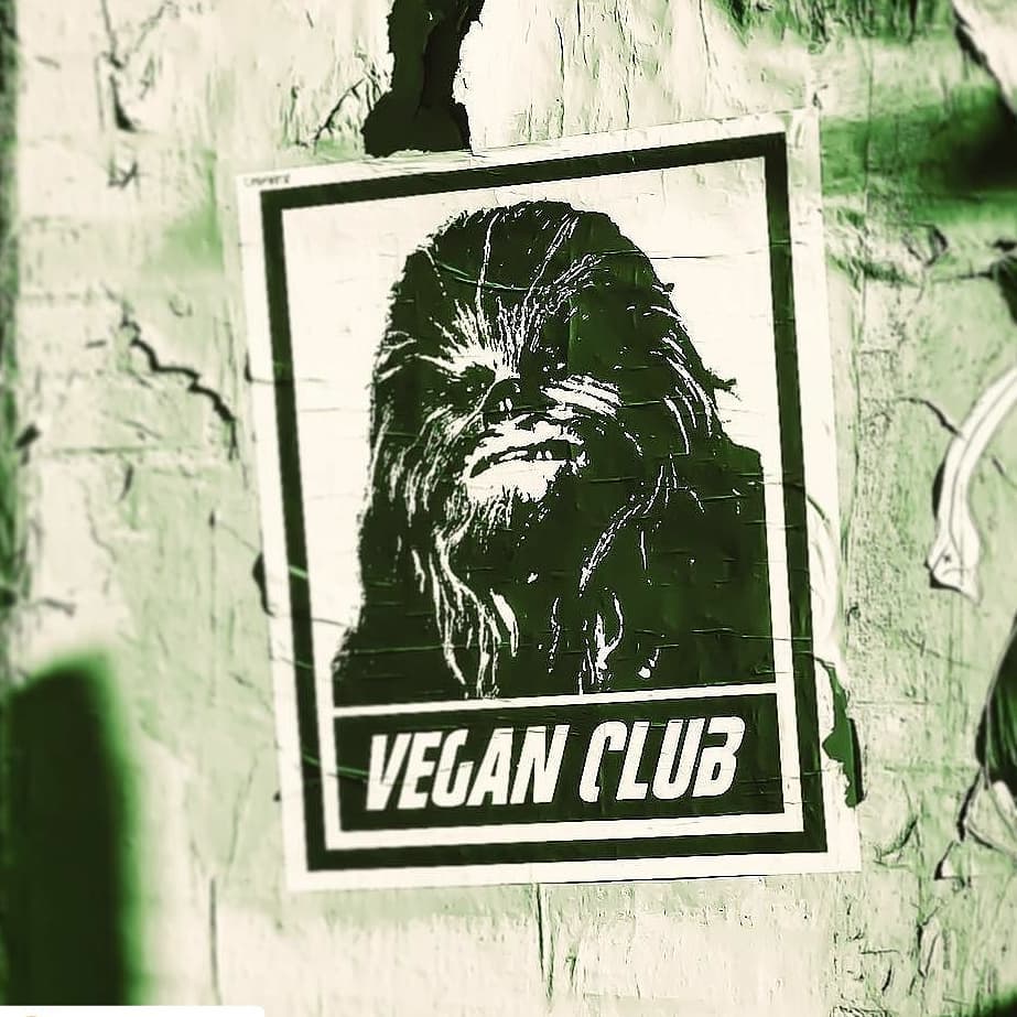Street Art NewsPrint Poster Vegan Club featuring Chewbacca from Star Wars Signed L3f0u