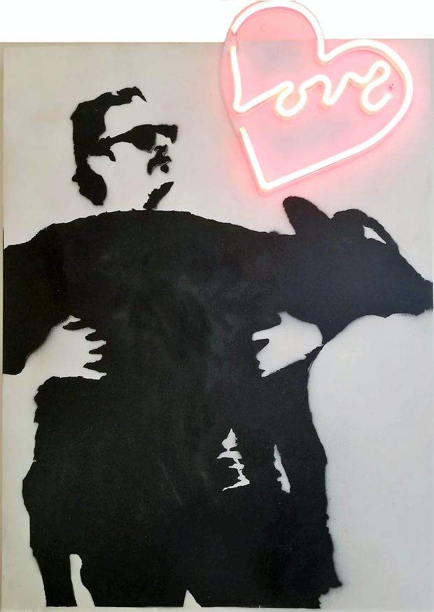 ORIGINAL SOLD (Ltd. Prints Available) - 30x40 Original Artwork Joaquin Phoenix Holding Cow with Neon Love Heart