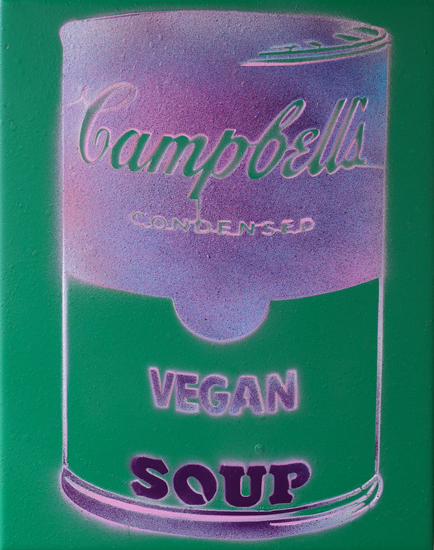 Vegan Soup Green & Gradient Purple Graffiti on Wood and Resin 14x11