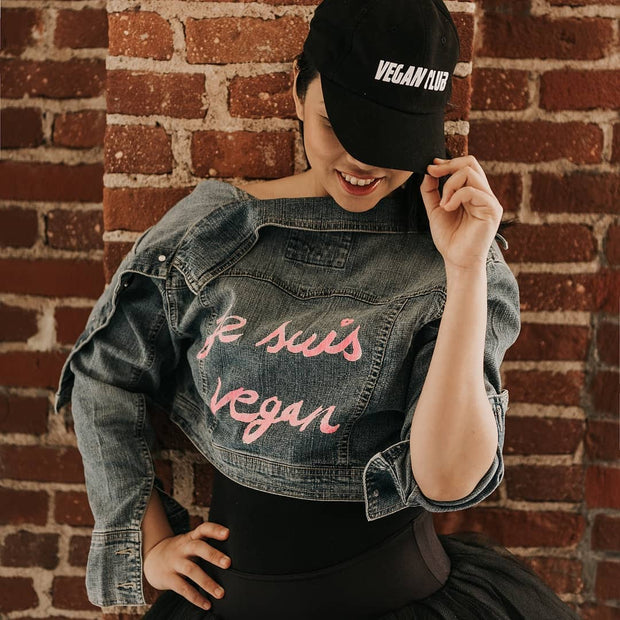 SOLD - Upcycled Jean Jacket Vegan Club "Je suis Vegan"