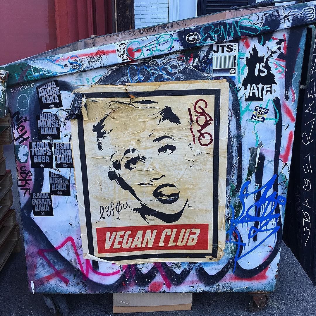 Street Art NewsPrint Poster Vegan Club featuring Miley Cyrus Signed L3f0u - models @ashleighhobbs @lrk_kung @carlosgogo