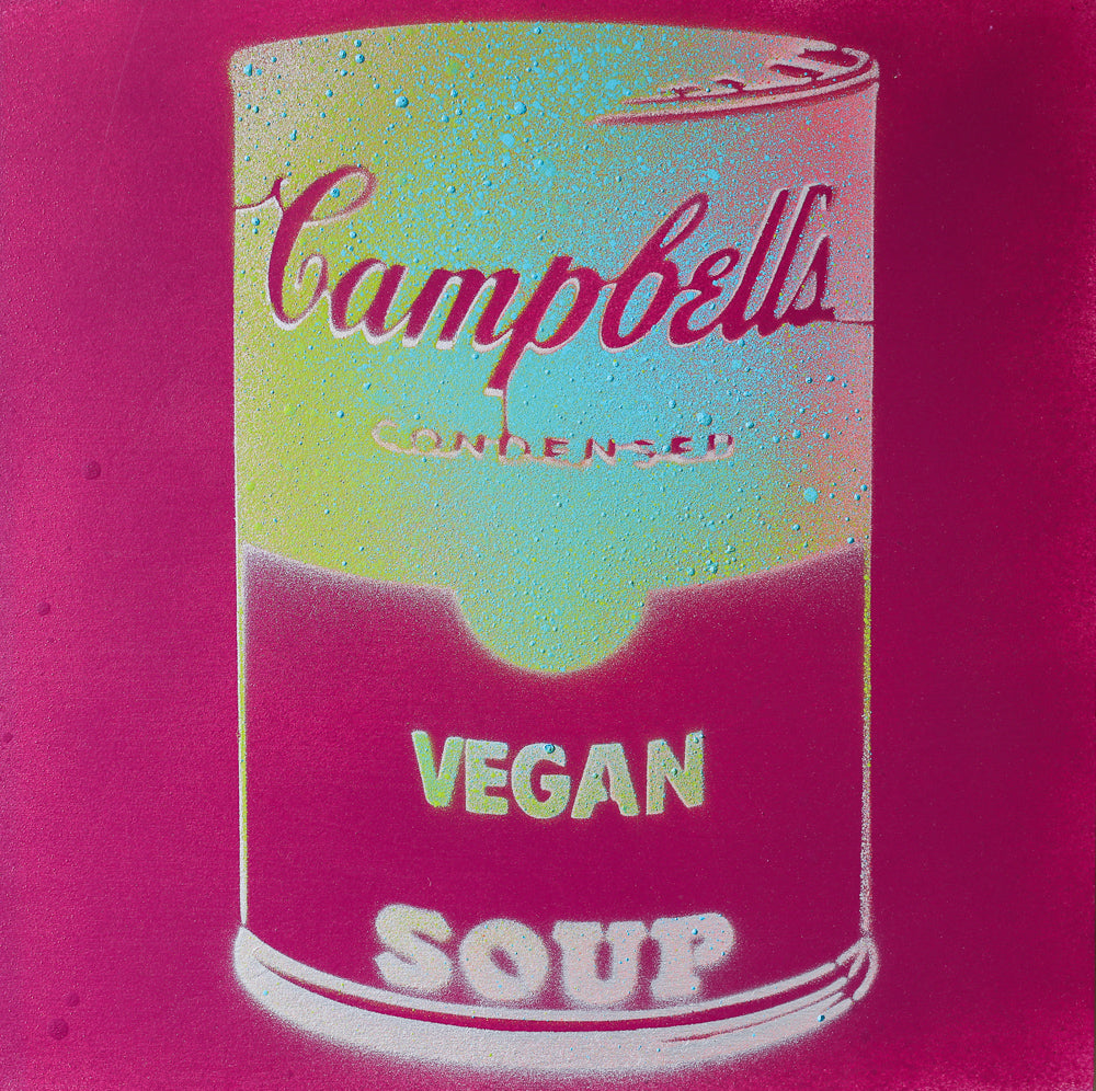 Vegan Soup Fuschia, Aqua & White Graffiti on Wood and Resin 8x8