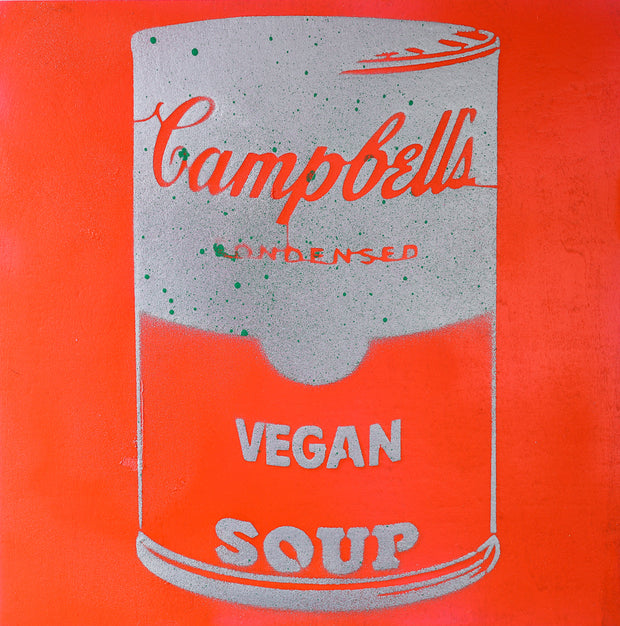 Vegan Soup Neon Orange & Silver Graffiti on Wood and Resin 8x8