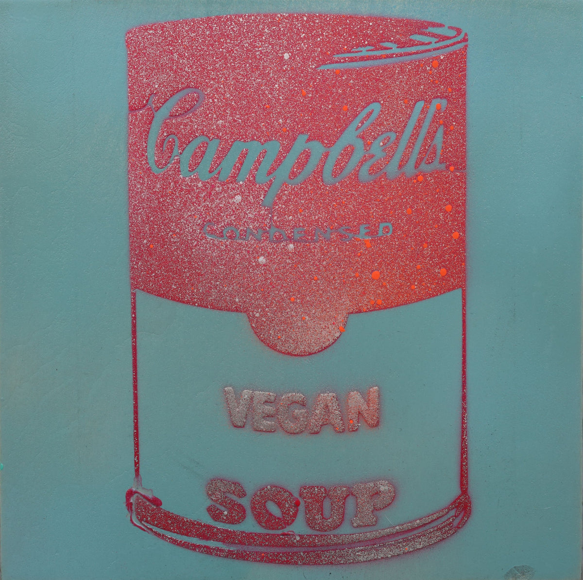 Vegan Soup Sky Blue & Red Graffiti on Wood and Resin 8x8