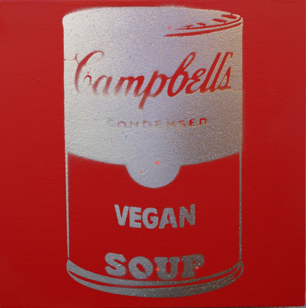 Vegan Soup Red & Silver Graffiti on Wood and Resin 8x8