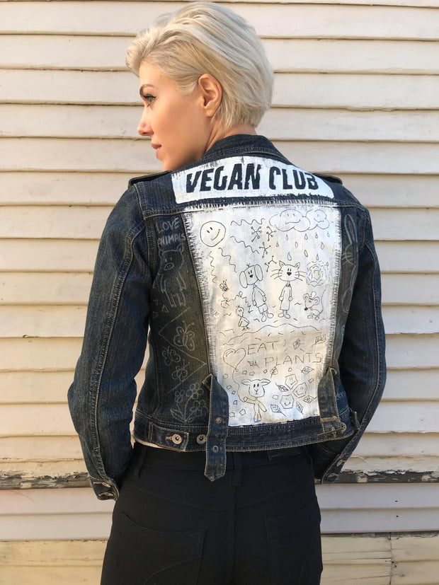 One of a Kind Upcycled Jean Jacket "Eat Plants"