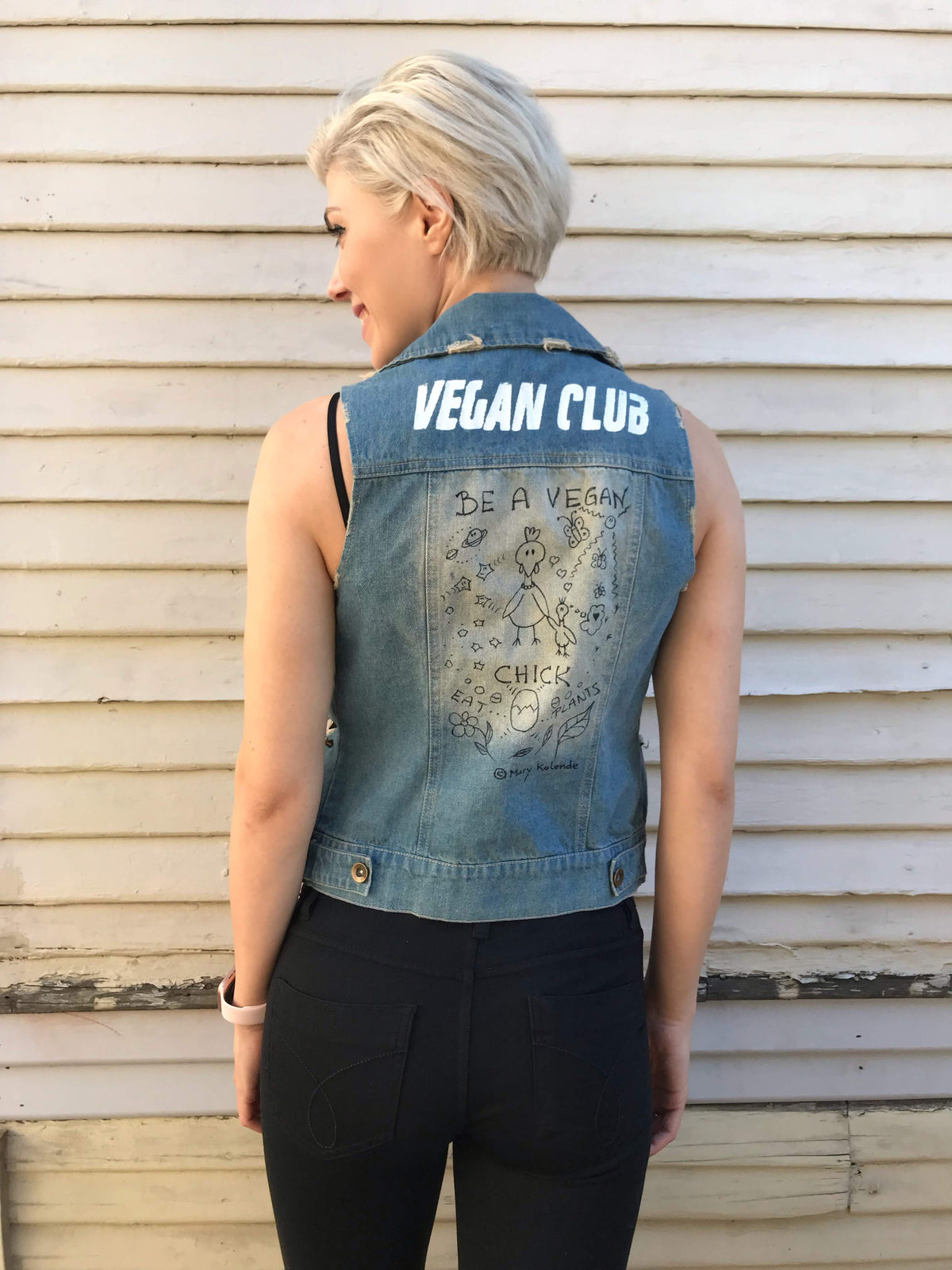 One of a Kind Upcycled Jean Jacket "Be a Vegan Chick"