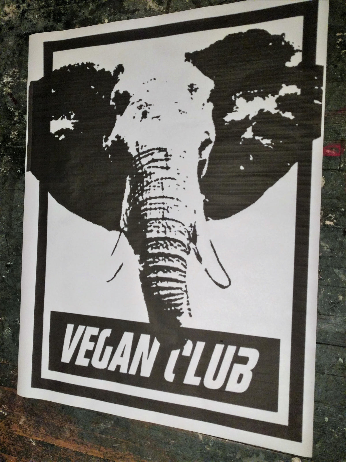 Street Art NewsPrint Poster Vegan Club featuring an Elephant signed L3F0u