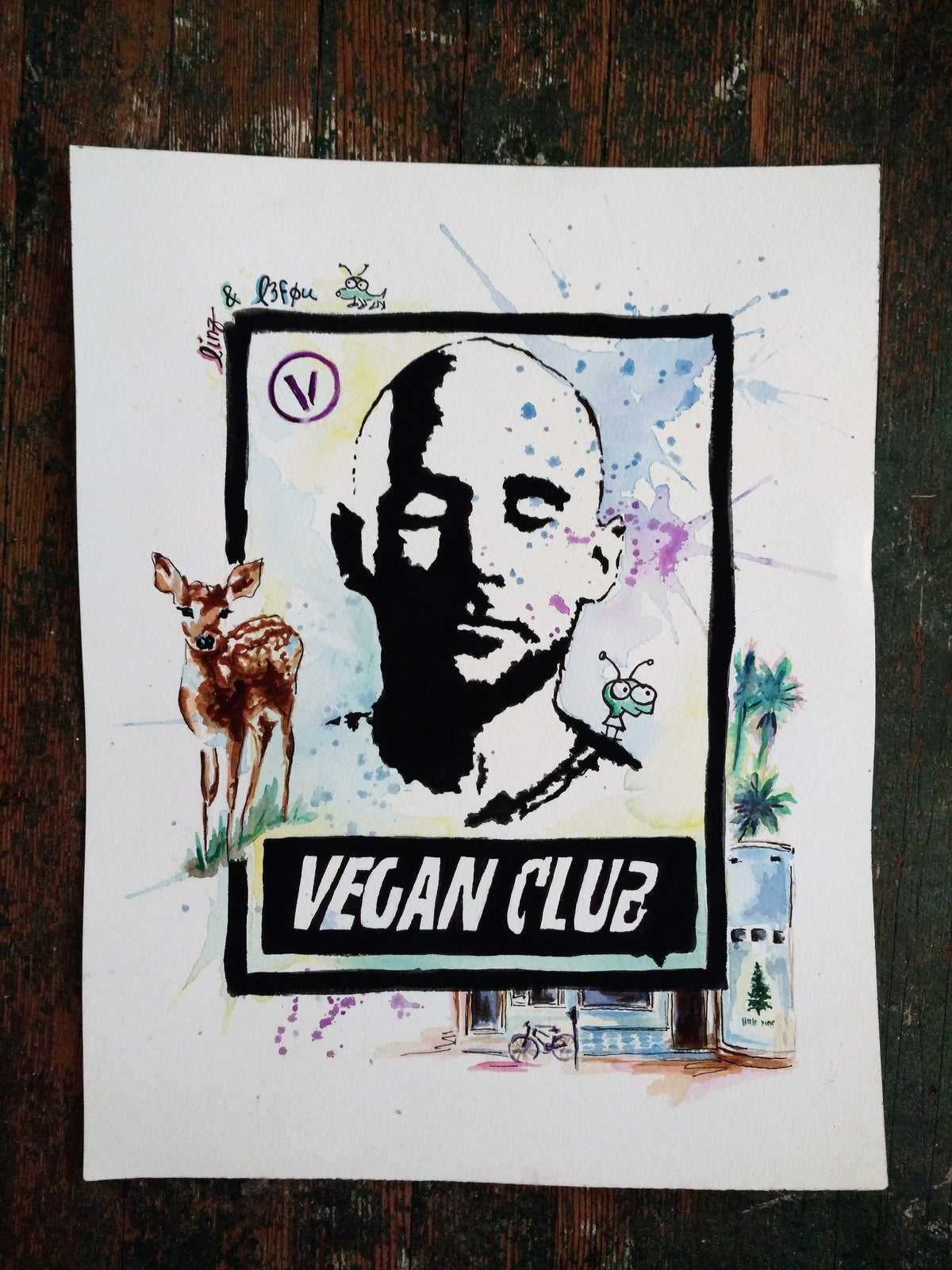 DONATED LITTLE PINE - 12x15 One of Kind Original Collab Artwork "Vegan Club" featuring Moby Signed @lindsayleigh1111 & "L3f0u" - Acrylic on paper