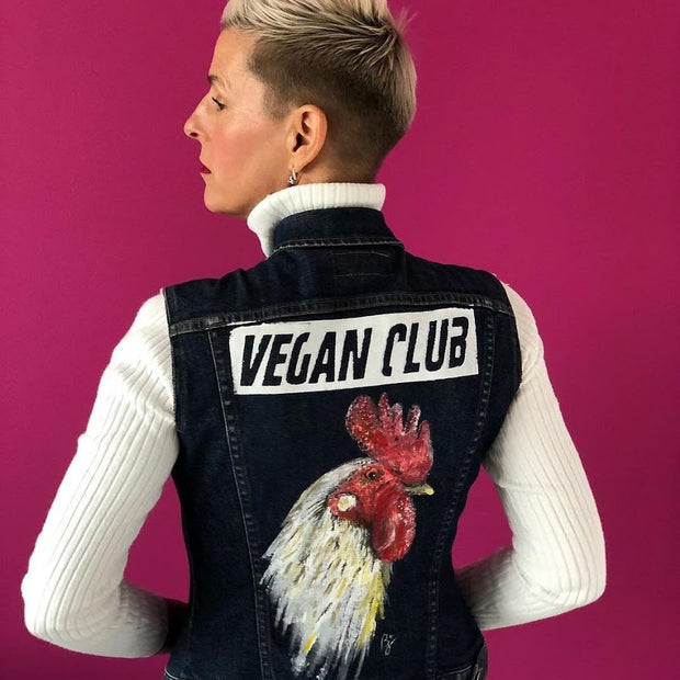 SOLD - Upcycled Jean Jacket Vest Vegan Club featuring a chicken hand-painted by artist Brandi Jae