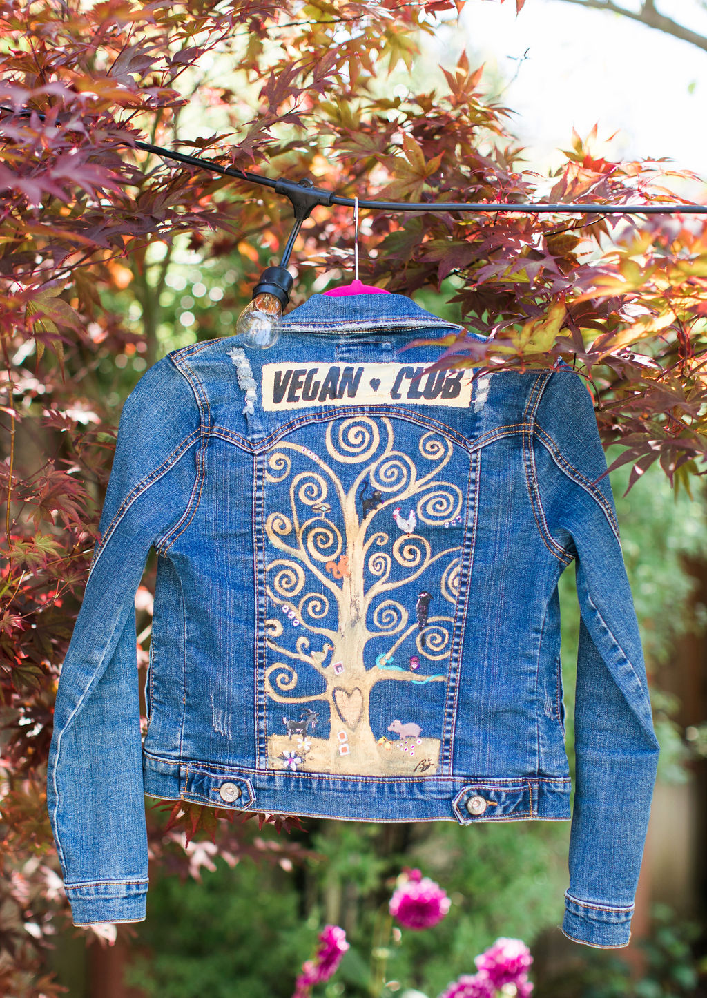 SOLD - Brandi Jae Collab Jean Jacket Tree with Animals Vegan Club