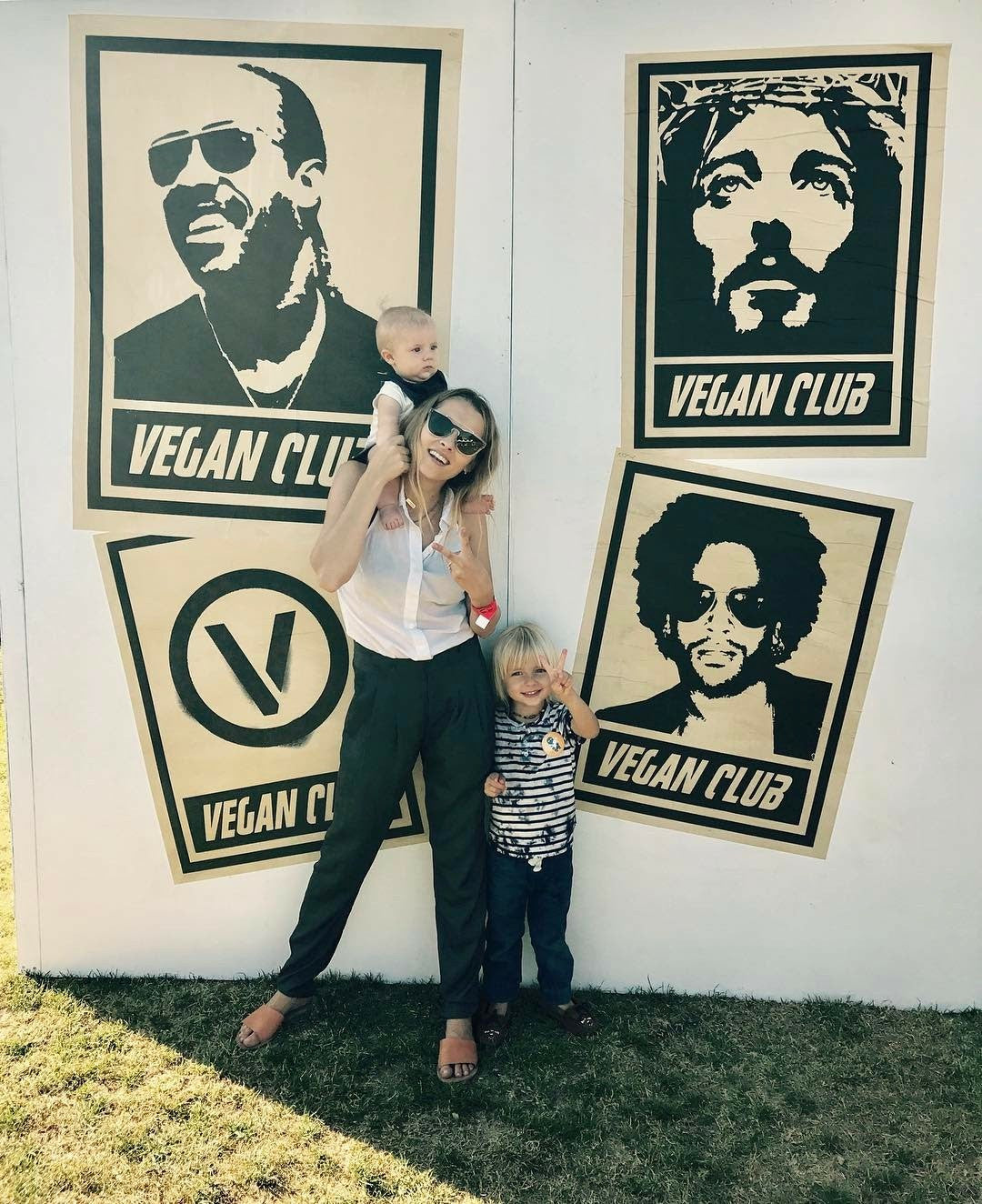 Street Art NewsPrint Poster Vegan Club featuring Stevie Wonder art by LeFou - model @teresapalmer