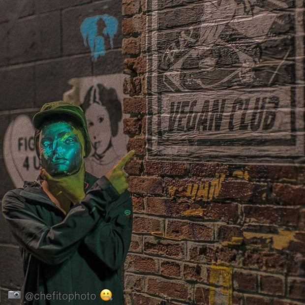 Street Art NewsPrint Poster Vegan Club DJ by Bua collab w L3f0u - model @taylorlardas pic @chefitophoto