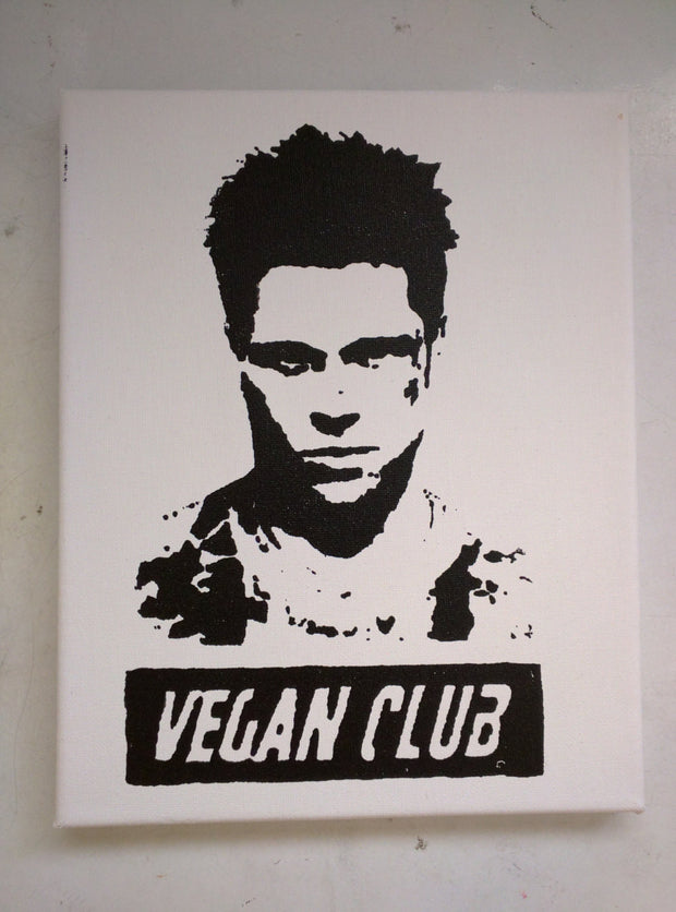 Original Artwork on canvas 8x10 "Vegan Club" featuring Brad Pitt Signed on back L3f0u