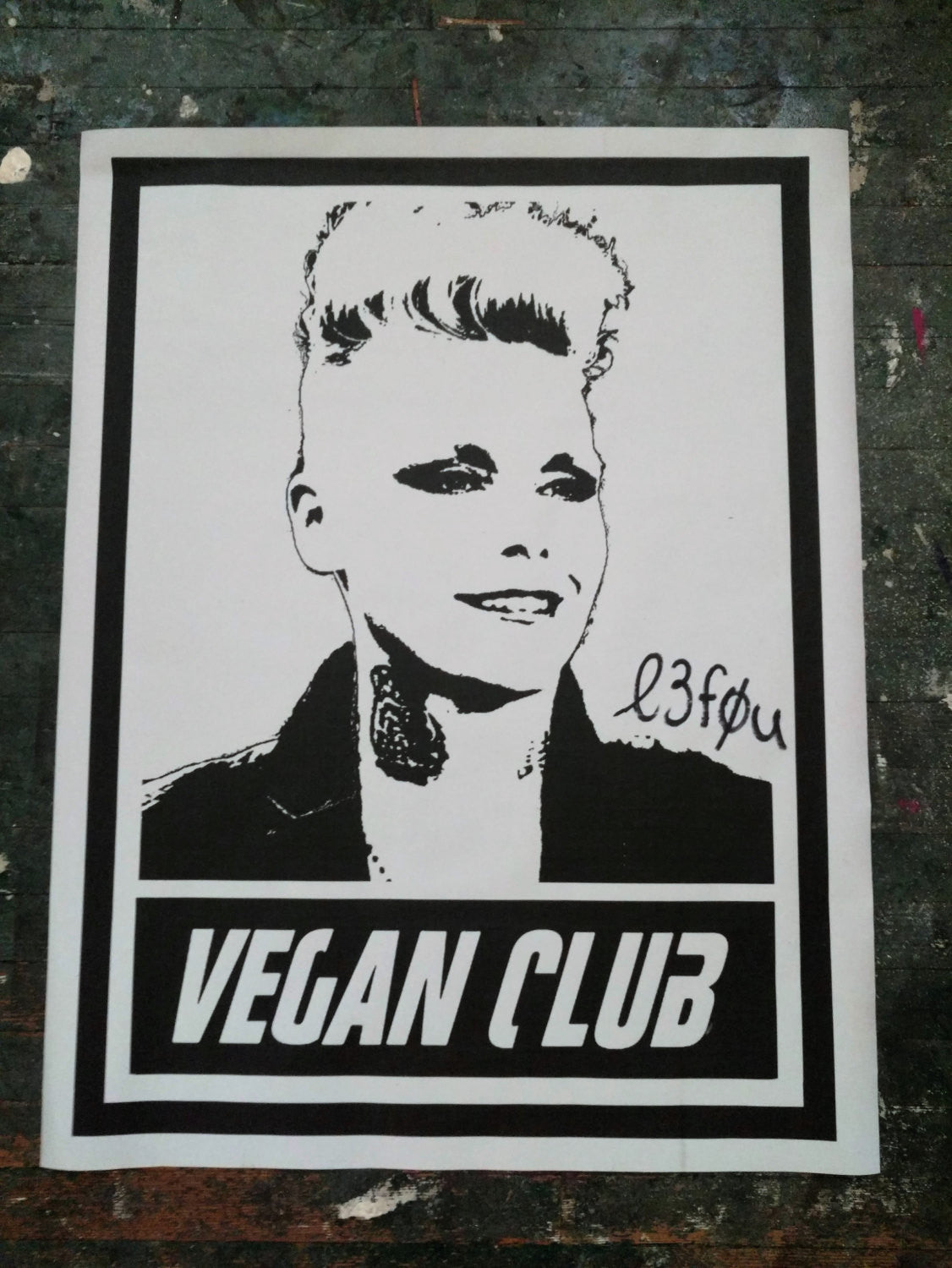 Street Art NewsPrint Poster Vegan Club featuring OTEP Signed L3f0u - model @otep & pic by @chefitophoto