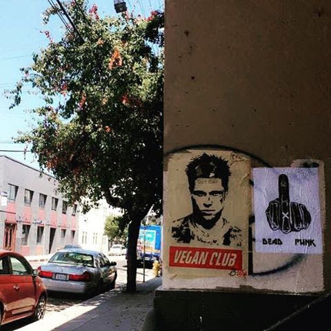 Street Art NewsPrint Poster red color Vegan Club feat. Brad Pitt Signed L3f0u @lanaleeska @poneyponeylove @gethighwithkai