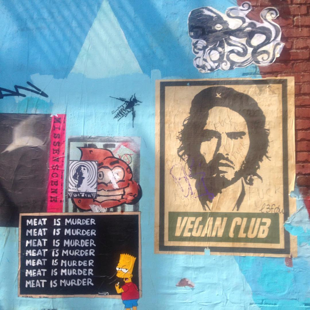 Street Art NewsPrint Poster Vegan Club featuring Russell Brand Che Signed L3f0u - models @valcody @vegasm_ @misskamilla