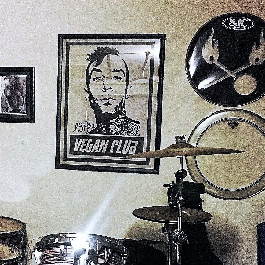 Street Art NewsPrint Poster Vegan Club featuring Travis Barker of Blink 182 Signed L3f0u - models @vegancuts @rozeluvak