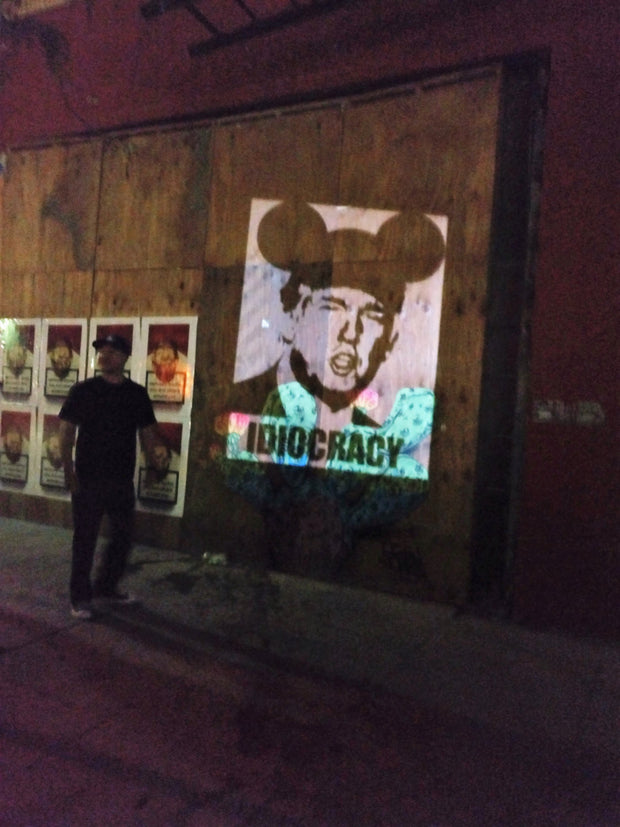 Street Art NewsPrint Poster Trump Mickey Mouse Operation "IDIOCRACY" Signed L3f0u approx 36" x 36"