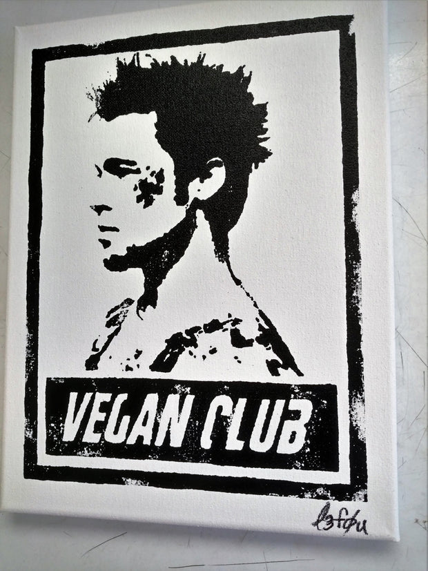 Original Artwork on canvas 8x10 "Vegan Club" featuring Brad Pitt Signed L3f0u