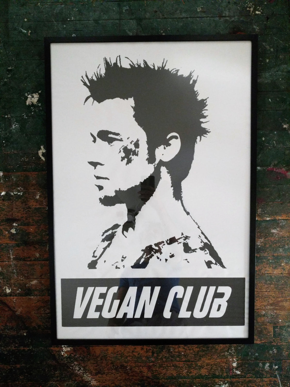 Framed on black wood Street Art NewsPrint Vegan Club featuring Brad Pitt