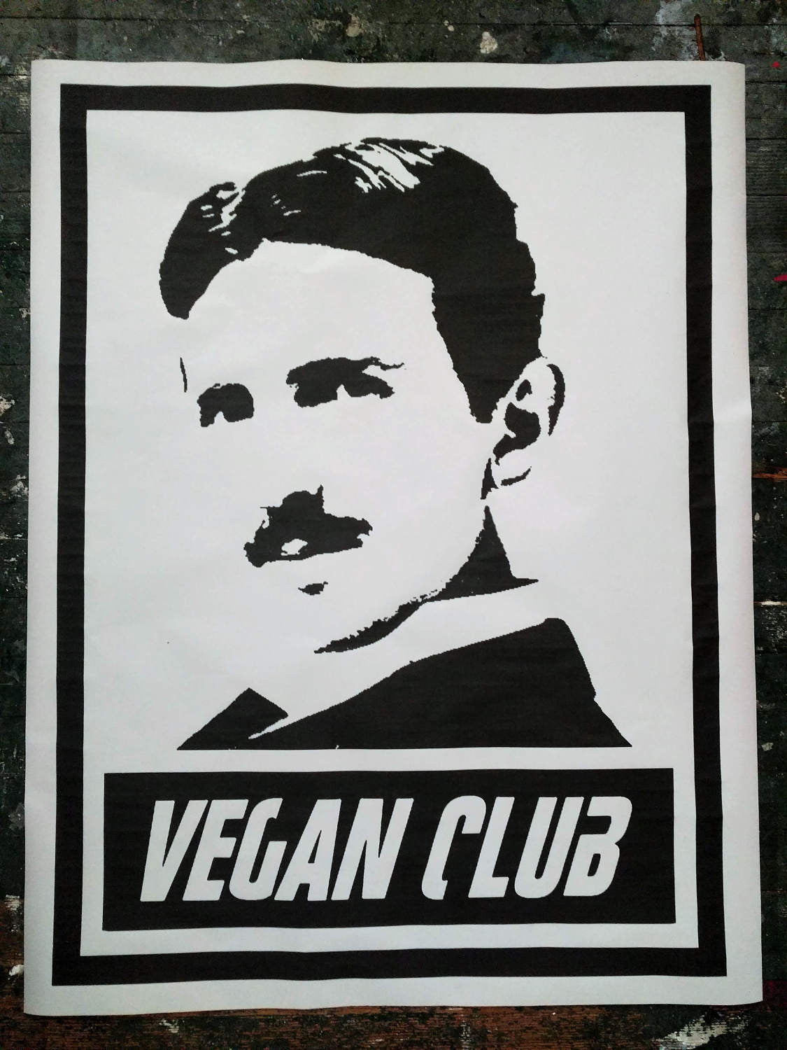 Street Art NewsPrint Poster Vegan Club Tesla signed L3F0u
