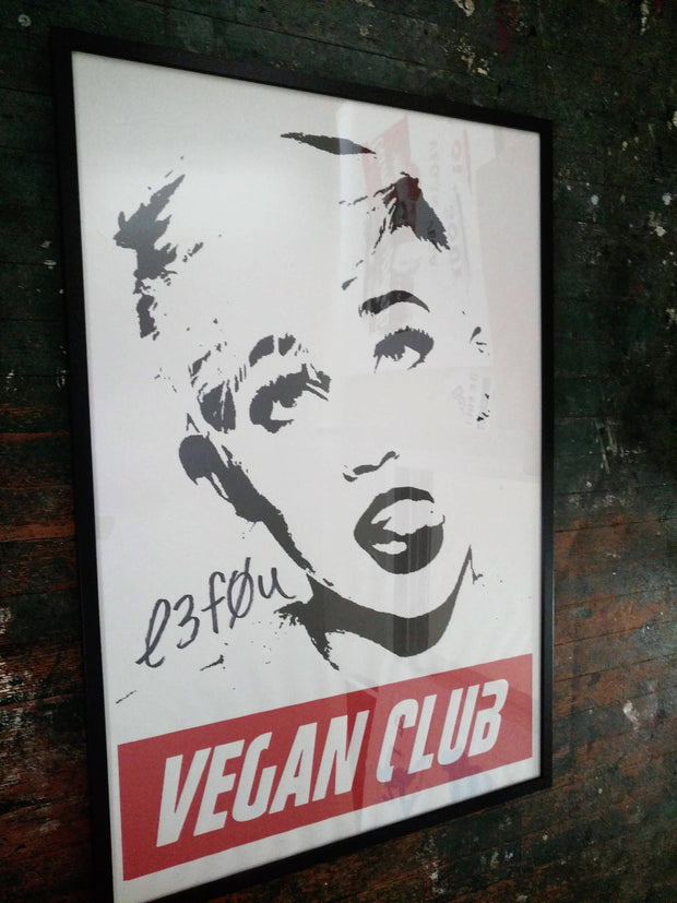 Framed on black wood Street Art NewsPrint Poster 24x36 Vegan Club featuring Miley Cyrus signed by LeFou - pic @street_art_los_angeles